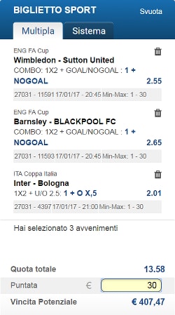 Bolle calcio del 17 gennaio 2017. La Tim Cup ci regala oggi Inter-Bologna, partita da seguire e presente nelle nostre Bolle al pari della FA Cup!