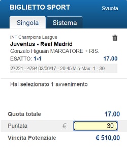 Bolle calcio del 3 giugno 2017. Juventus-Real Madrid: Gonzalo Higuaín marcatore per la Juventus e risultato esatto 1-1!